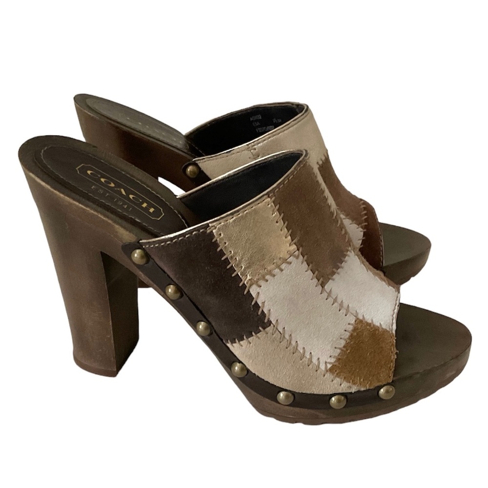COACH Suede Leather Patchwork Mules Size 7.5 Platform High Heels Brown Gold